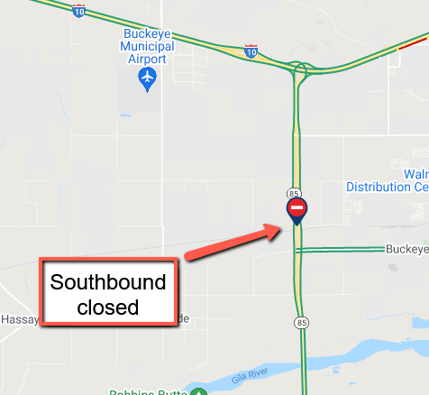 ArizonaDOT's tweet photo. *CLOSURE* *PLEASE SHARE*
State Route 85 southbound is CLOSED due to a crash at Baseline Road.
Expect delays and seek an alternate route.
There is no estimated time to reopen the highway.
#phxtraffic #SR85 https://t.co/1nWdmmCfs6