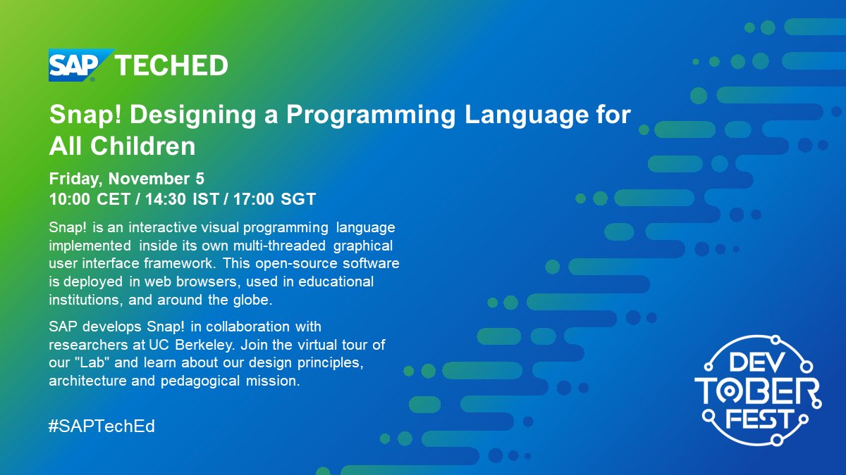 SAP Community on Twitter: "Snap! is an interactive visual programming  language designed for kids and developed at SAP in collaboration with  researchers at UC Berkeley. Join us for a virtual tour of