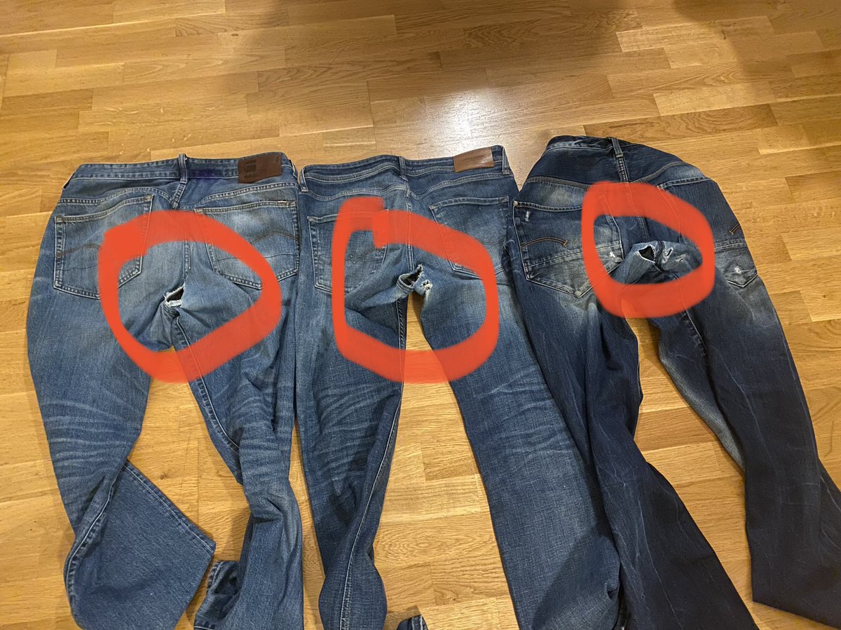 Mulla ei ole kaapissa yhtään ehjiä farkkuja mutta on 17kpl, jotka on kaikki hajonnut samasta kohtaa, riippumatta onko 25€ vai 175€ farkut.
Osa on jo paikattukin kertaalleen.

Mitä asialle voi tehdä?