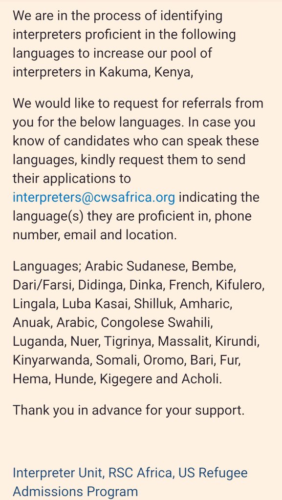 Nyandeng A Garang🇸🇸🇰🇪🇨🇦 #NotTheVP_Junubin🇸 on Twitter: "Can speak  &amp; translate any of the following languages into English? Do you live in  Kakuma or its environs? If yes, RSC Africa is looking for
