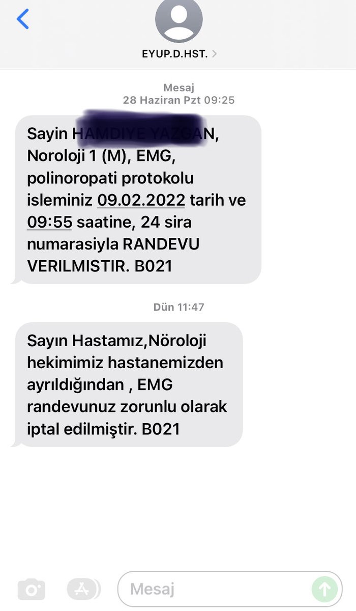 haziran ayında randevu aldığım emg çekimi için 8 ay sonraya gün veren ve 5. Ayda randevumu doktorun hastaneden ayrıldığını bildiren bir mesajla iptal eden #eyüpdevlethastanesi ni #ProtestoEdiyorum #sağlıkbakanlığı