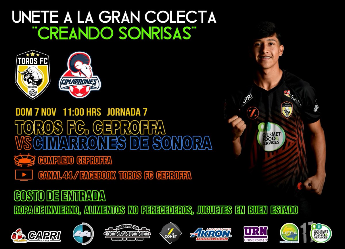TOROSFCCEPROFFA's tweet photo. Los esperamos este domingo partido de @LigaTDP  #JORNADA7

🆚 @CimarronesFC 
🗓 07 de Noviembre 
⏰ 11:00 Hrs
🏟 COMPLEJO CEPROFFA https://t.co/dwffOD9ebp