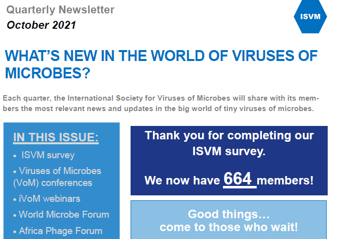 VirusOfMicrobes's tweet photo. ๐ขWe are excited to announce the launch of our 1st #ISVMNewsletter!๐ข
Each quarter we will share the most relevant news & updates in the big world of tiny #VirusesOfMicrobes!
Check out #October2021 edition - @PhageForum @VoM2020 #iVoM #WorldMicrobeForum!
https://t.co/E8VdRGFqaa https://t.co/LqFTwsRFxT