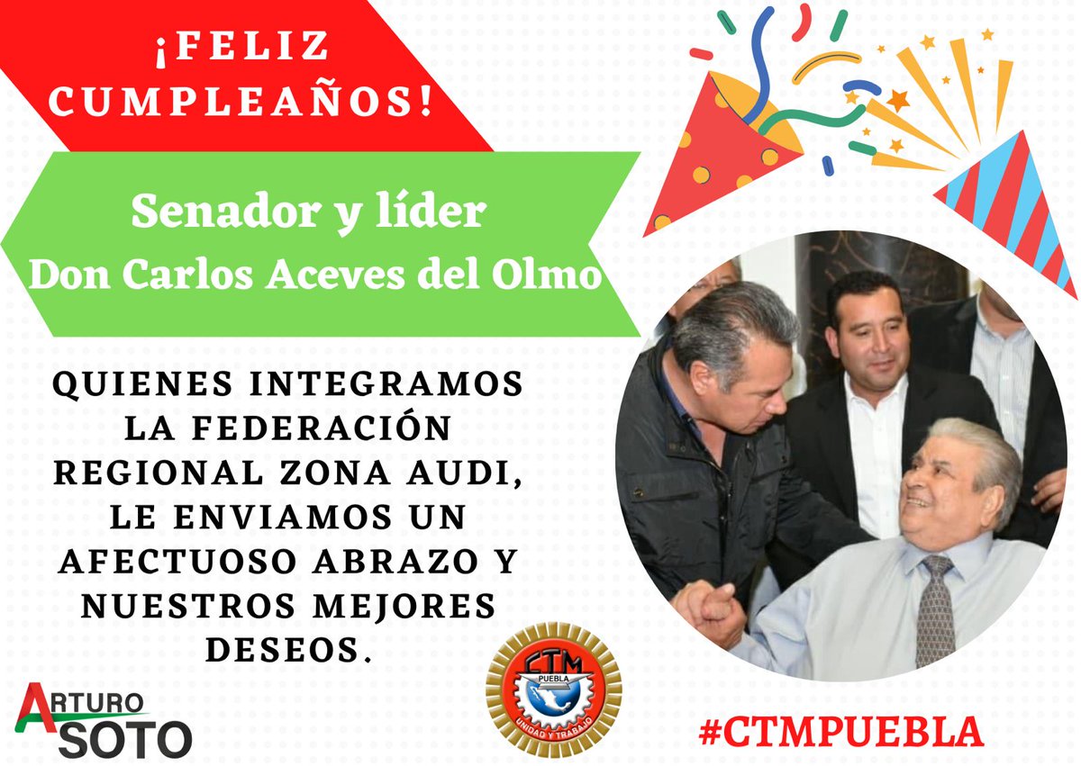 arturo_sotom's tweet photo. Senador, líder y amigo; Don @CarlosAceves_, reciba un abrazo con afecto d parte de tod@s l@s integrantes de la Federación Regional #ZonaAudi #PUEBLA.
Le deseamos éxito y salud, para continuar bajo su liderazgo en la defensa de las y los compañeros trabajadores d 🇲🇽 @leobardosoto https://t.co/0ds9H7Q55r