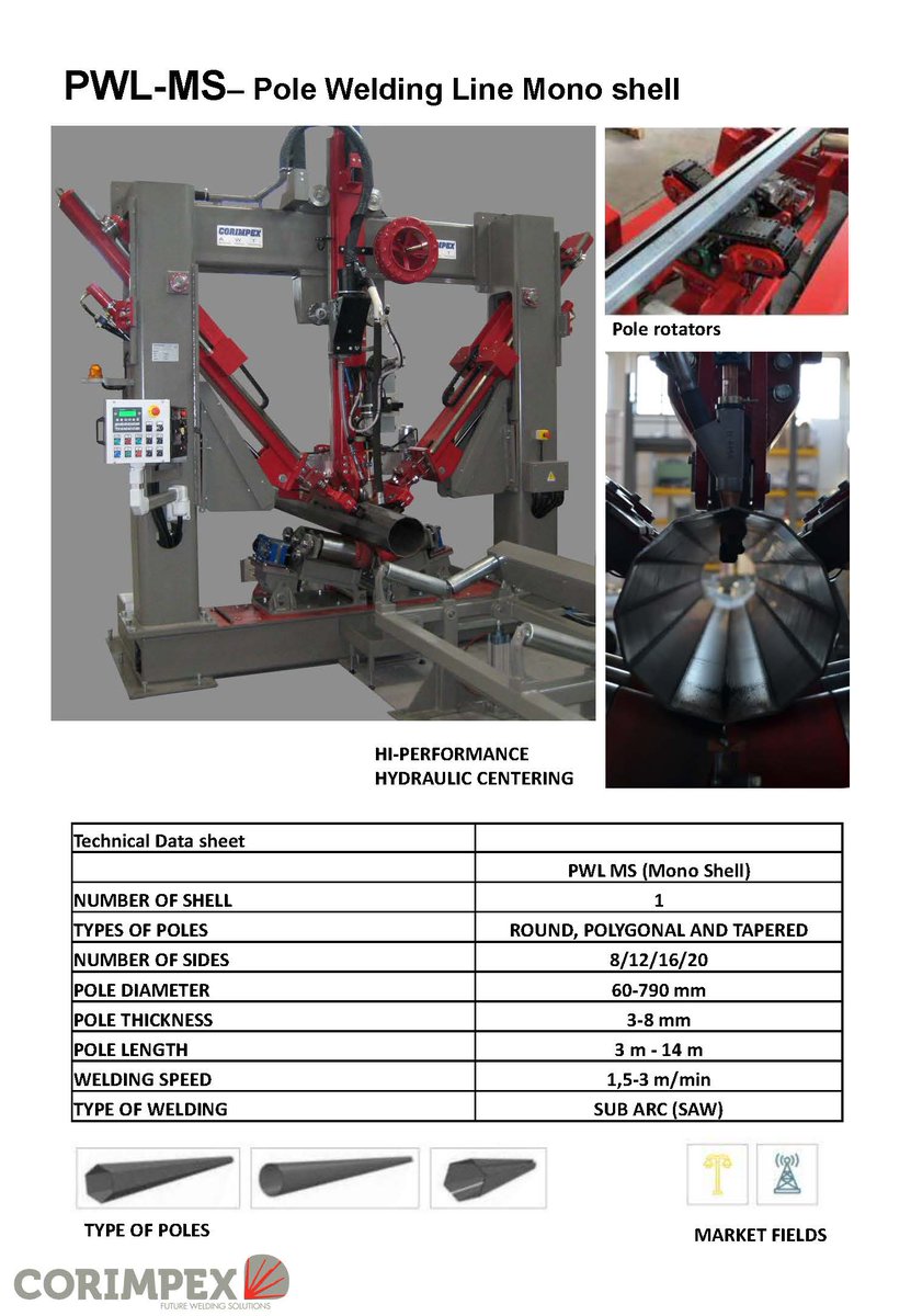 FicepHK's tweet photo. Let's introduce you CORIMPEX Pole Welding Lines, designed for the fields of lampposts, telecommunication and transmission towers.
Attached presentation with technical data sheets
#CORIMPEX #Poleweldinglines #Submergedarcwelding #lamppost #telecommunication #transmissiontowers https://t.co/LQk3eOt10f