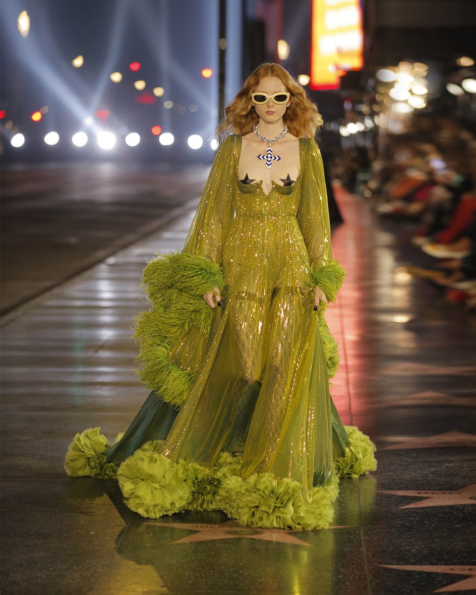 gucci's tweet photo. The evening gowns of #GucciLoveParade recall those worn by the Hollywood stars of yesterday and are transported to the present through maxi proportions, brilliant colors and spectacular details. #AlessandroMichele https://t.co/M00VvcUY0h