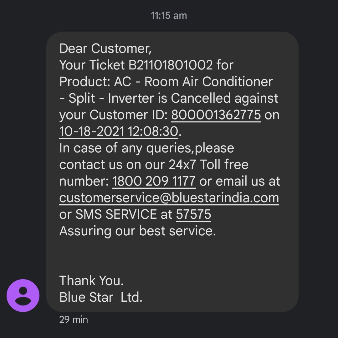 _Kunal_Garg's tweet image. I received a call this morning from @BlueStarLtd customer care asking that is my problem get resolved or not, even when I said no my issue isn&apos;t resolved they cancelled my ticket which they issue every time any customer made any complaint to them.