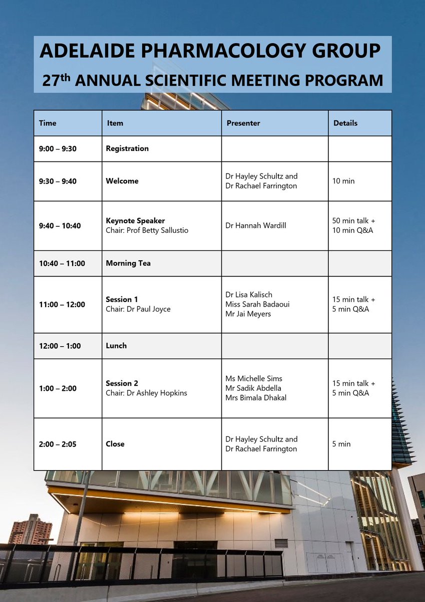 The final program has been announced for the Adelaide Pharmacology Group's Annual Scientific Meeting!! Follow the link to view the program and register. See you there!
eventbrite.com.au/e/168383362169