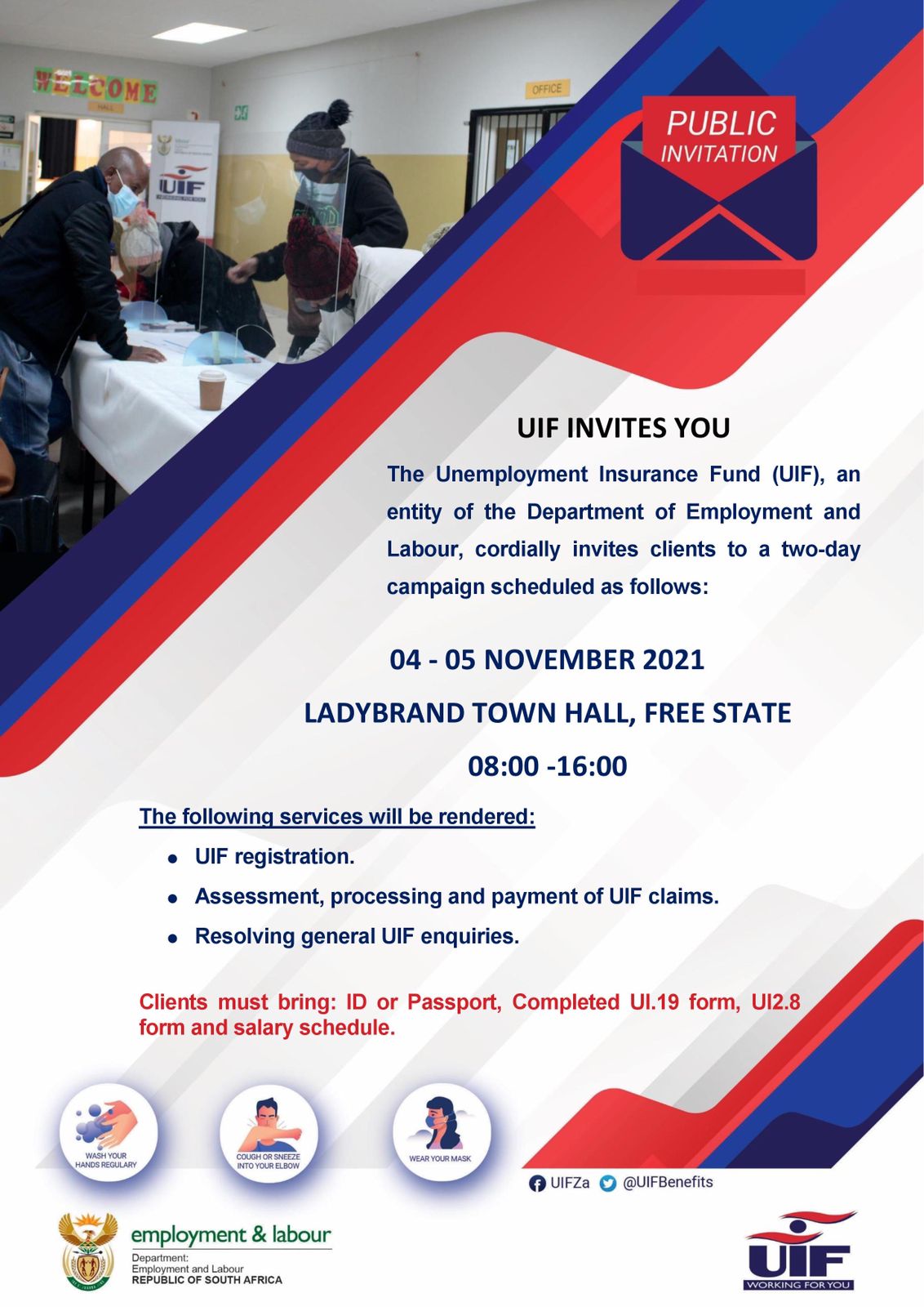 Department Of Employment And Labour The Unemployment Insurance Fund Will Be Rendering Uif Services At Ladybrand Town Hall In The Free State Today 5 November 21 Please Bring Your Id