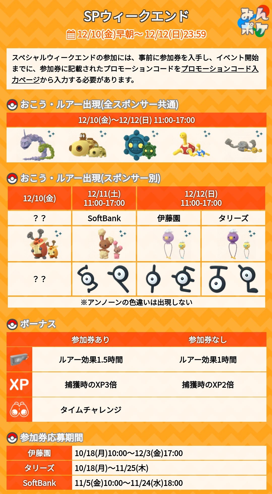 ポケモンgo攻略 みんポケ 12 11 土 に開催されるソフトバンクのスペシャルウィークエンドの参加券の入手方法が発表されました T Co Nlbkvzzhpd ポケモンgo T Co 0lkej0irb9 Twitter