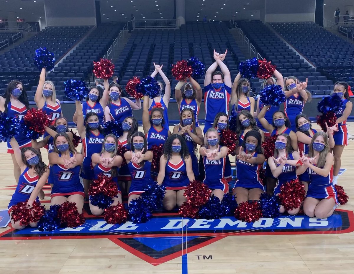 DePaulCheer's tweet photo. DEPAUL BASKETBALL IS BACK! 
With a Double Demon WIN! 💙❤️
Hope to see you at our next game, Tuesday @7pm 

@DePaulAthletics 
#Depaul #depaulcheer #cheerteam #division1 #nca #varsity #competitivecheer #competitivecheerleading #depaulathletics #depauluniversity https://t.co/Ki8awhfmTP