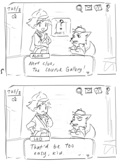 doodle. I am doing a layton ish detective and child for class and I just drew in a game screenshot for the fun of it XD 