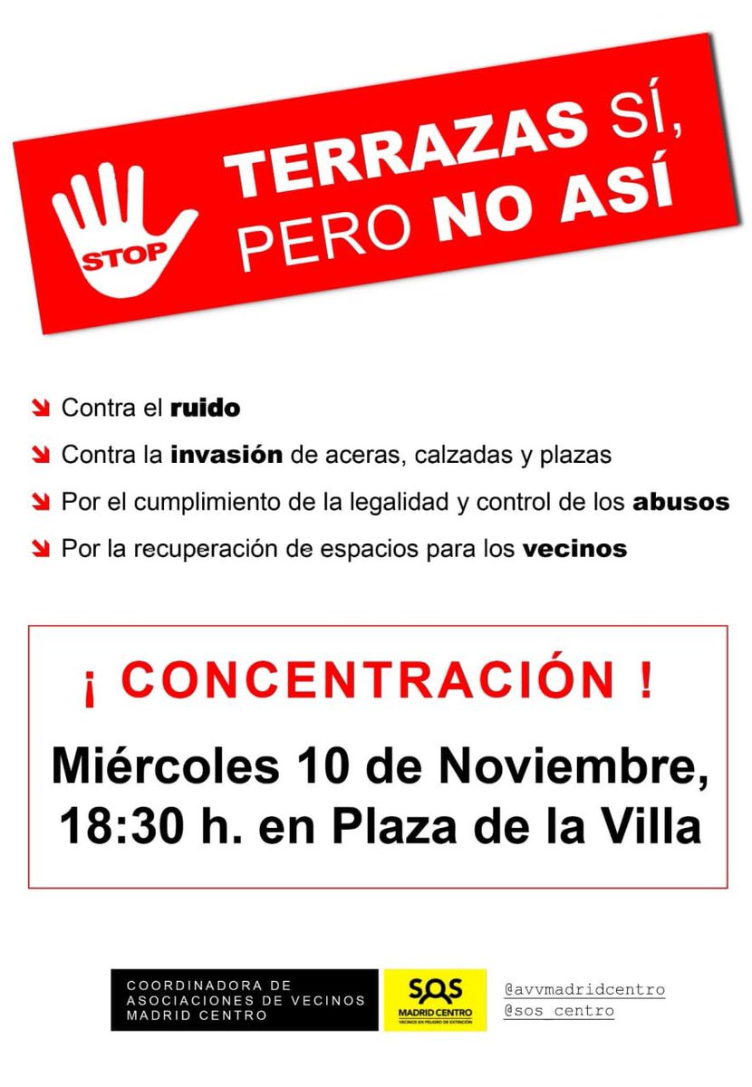 Mier 10-nov 18:30 Pza de la Villa (c/ Mayor) ven a protestar contra la política del Ayto de <a href="/Madrid/">Ayuntamiento Madrid</a>, q está aumentando ruido y suciedad en nuestras calles, dificultando el transito peatonal, reduciendo aparcamiento para residentes y provocando que nuestras viviendas pierdan valor