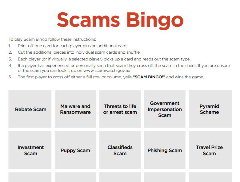Want to make talking scams fun? Get your friends and family together (virtually or in person) and play Scams Bingo! It could help start a conversation about scams. Head to our website to play. #ScamsWeek2021 scamwatch.gov.au/news-alerts/sc…