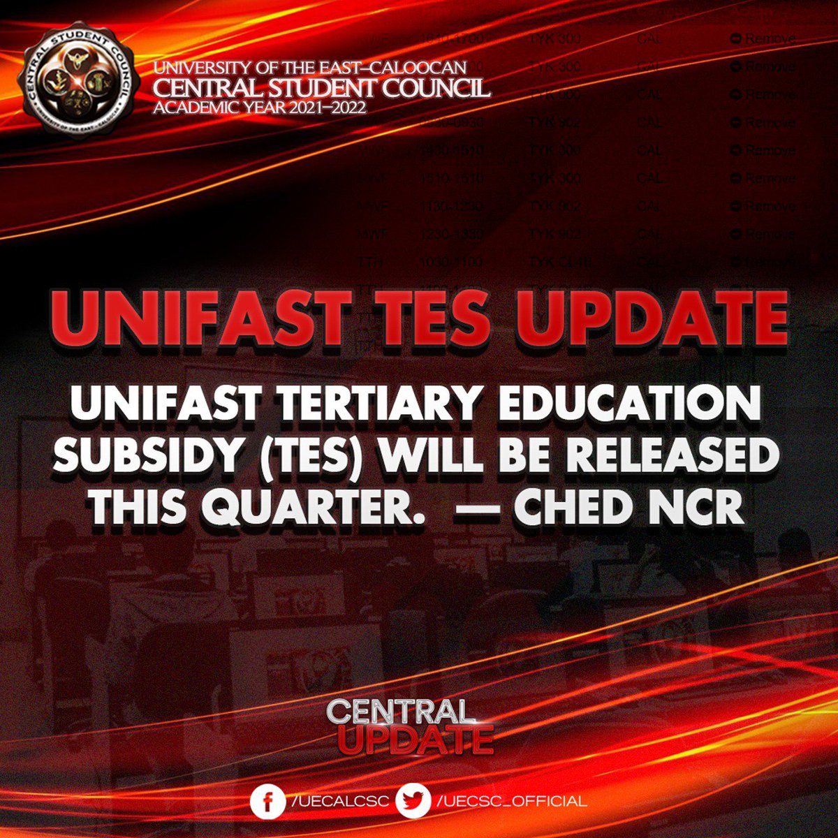 UECSC_Official's tweet photo. 𝐂𝐄𝐍𝐓𝐑𝐀𝐋 𝐀𝐍𝐍𝐎𝐔𝐍𝐂𝐄𝐌𝐄𝐍𝐓 | CHED NCR gives an update on UniFAST TES
Keep posted, Warriors!
#TransparenCSC
#TranCSCendence
#CSC2122 https://t.co/4ldSO3QvZy