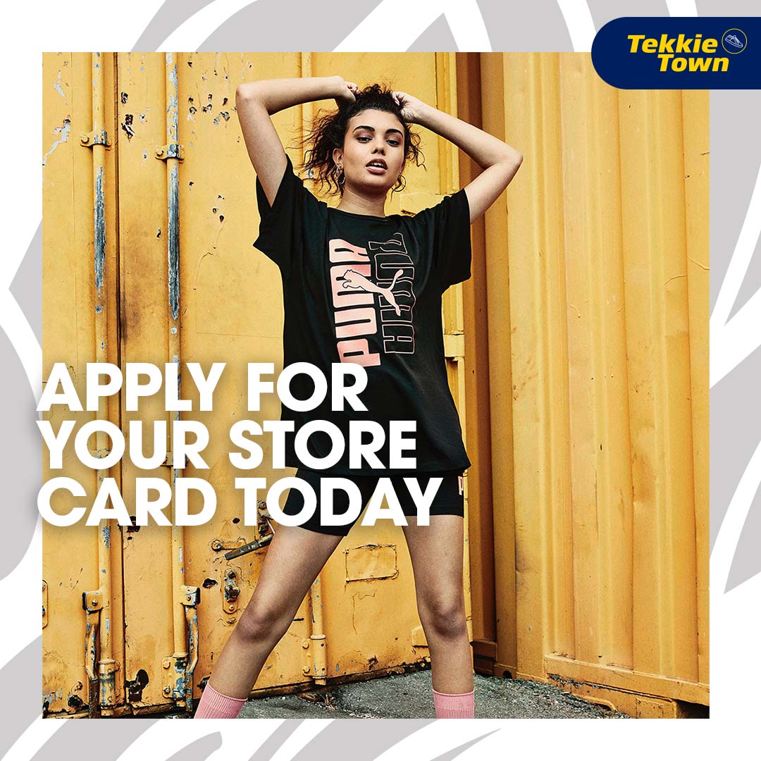TekkieTown's tweet photo. Shop our #Puma products now at a Tekkie Town near you.

Create more options with #TekkieTown and apply for your store card today!

Apply here: https://t.co/G2SSMUVTKc OR SMS your First name*Surname*ID number*Gross Monthly Income*FB to 34001.
SMS costs R2.

#StoreCard https://t.co/QrLJVrQqrt