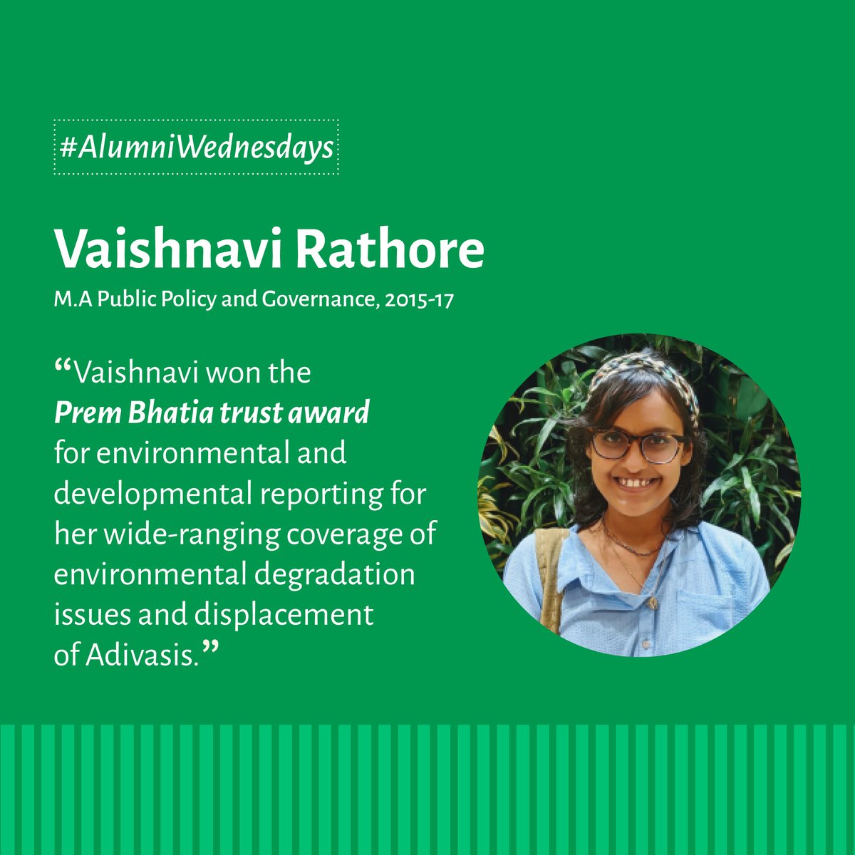 azimpremjiuniv's tweet photo. Vaishnavi Rathore is an Environment Lead at The Bastion and covers issues of environmental justice and democracy, forest and land rights, governance of commons, urban ecology, renewable energy, and climate change. #alumniconnect #connectwithstudents #alumniawards #environmental https://t.co/S0yF2SYkbE