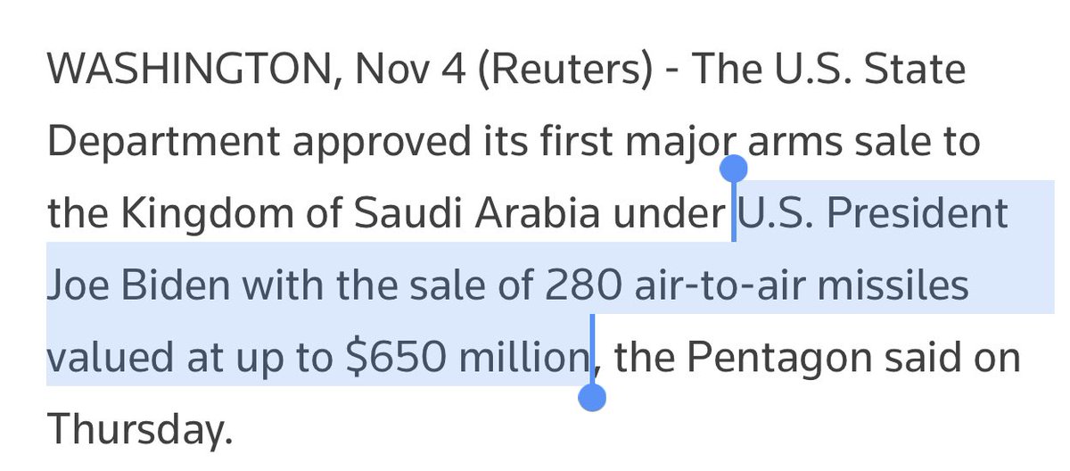 JordanUhl's tweet photo. Another promise broken by Joe Biden. After previously claiming he wouldn't sell weapons to the Saudis—in addition to hollow rhetoric about "weighing human rights concerns" when considering arms deals—Joe Biden just green-lit a massive arms deal with the Saudis. https://t.co/6AHOSAFms9