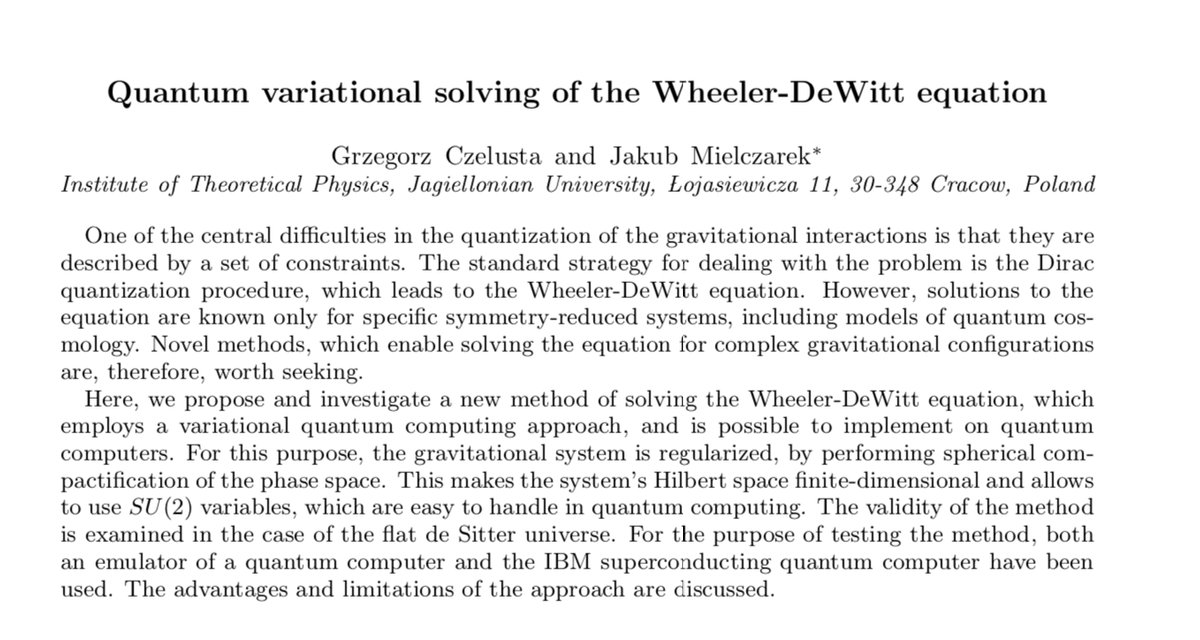 In our new preprint (arxiv.org/abs/2111.03038), we show how to find the wave function of a universe on a quantum computer. The procedure is tested for quantum cosmology with a cosmological constant (de Sitter model). #Quatum #Cosmology #QuantumComputing #QuantumCosmology