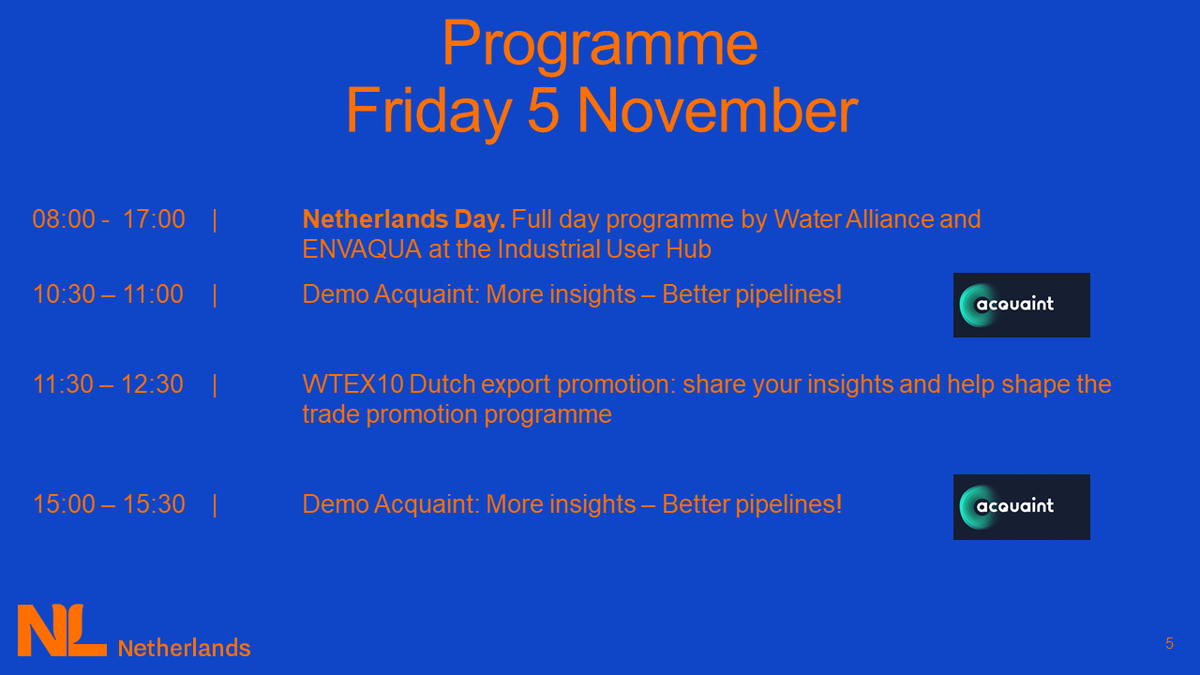 HollandWater's tweet photo. Last day @Aquatech Amsterdam :-(. Visit the #NetherlandsPavilion in Hall 5, 05.280 for a nice cup of coffee and some networking, watch a demo by #Acquaint, join the Netherlands Day a the Industrial User Hub or participate in the #WTEX10 meeting. https://t.co/nyHkiIlvJN