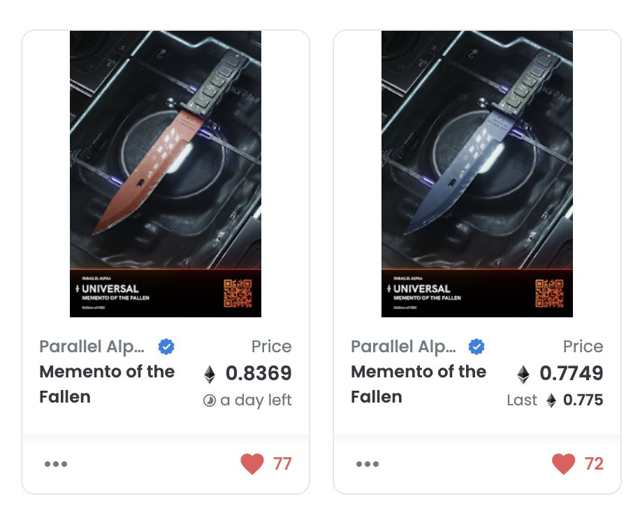 parallellama's tweet photo. With everyone interested in getting a #paraset I would like to point out, that you should keep your eyes on the bottlenecks for most common sets.

Memento of the Fallen is 1/450 and the SE is 1/125.

Get your knives, while they are still cheap.

@ParallelNFT 
#parallel https://t.co/mmROQb8xCl