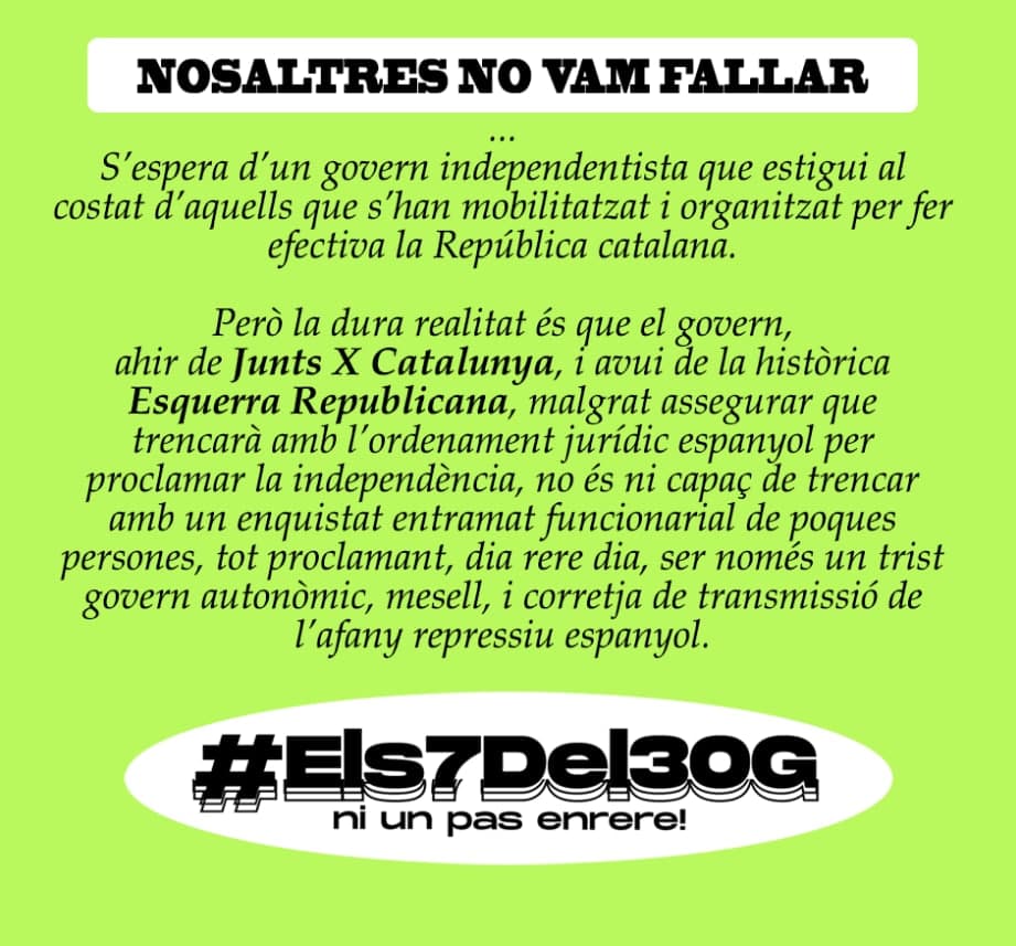 ⚠️Fins a 4 anys de presó per no haver fallat??? 

📅 @els7del30G tenen judici el 25 de novembre i següents

❌7 independentistes s'enfronten a una nova farsa per les càrregues dels Mossos d'aquell 30 de gener de 2018

No fallem, no defallim!

Comunicat ⤵️
alerta.cat/dels-9-als-7-i…