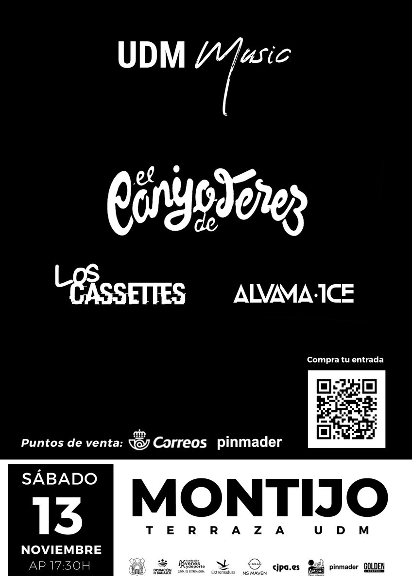 UDMONTIJO's tweet photo. 🎵 [#𝗨𝗗𝗠𝗠𝘂𝘀𝗶𝗰] 🎵
➡️ Los Casettes
➡️ @Alvama_Ice 
➡️ @ElCanijodeJerez 

🎫 Entradas: https://t.co/8weYxXGDi9
🎟️ Punto de venta físico: @Correos y #Pinmader.

Información: las entradas en correos se deben pedir con el nombre de #UDMMusic.

#PiensaEnGrande | #Desde1922 https://t.co/6KTI4OZSfE