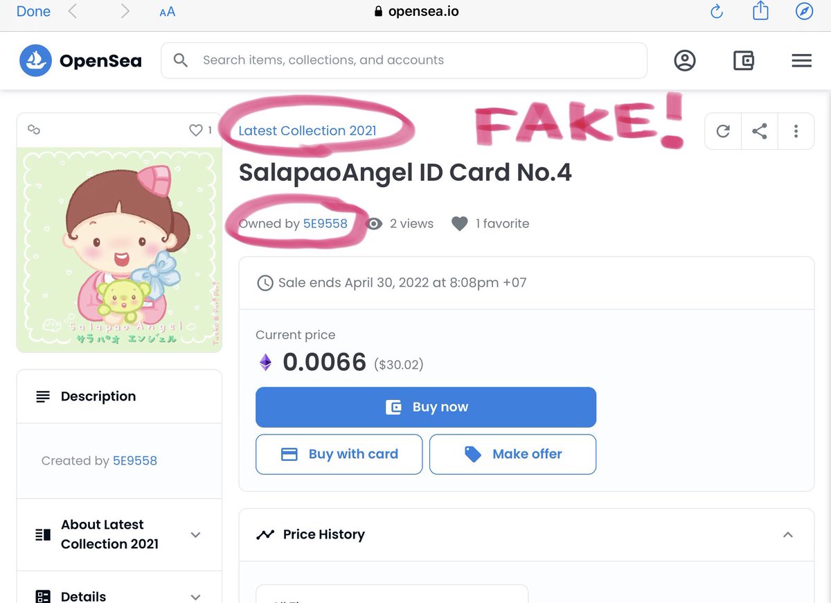 tuckoparipari's tweet photo. FAKE #NFT! Pls help me report this SCAM 🥺🙏🏻

SCAMMER:
https://t.co/E816T00Fml

ORIGINAL:
https://t.co/WDjXYFDGbC

#nft #NFTCommmunity #NFTTHAILAND #NFTcollection #openseanfts @opensea https://t.co/1IfK4QTY1d