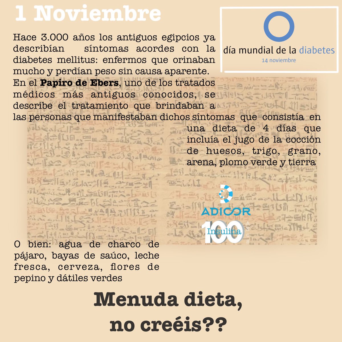 adicorc's tweet image. Vamos a conocer algo más sobre la historia de la diabetes y la insulina, de cuyo descubrimiento se cumplen 100 años. Te animas a seguirnos para saber un poco más?

#diabetes #noviembremesdeladiabetes #100añosdeinsulina