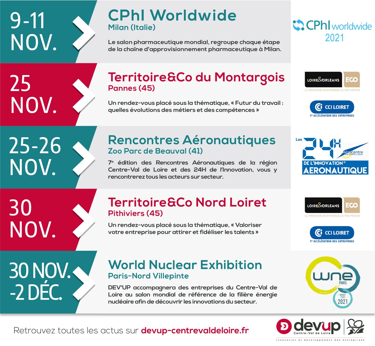 [AGENDA]
Retrouvez en un clin d'oeil, une liste (non-exhaustive) des rendez-vous économiques organisés ce mois-ci en #CentreValdeLoire, en France et à l'international.

ℹ Plus d'infos sur les rendez-vous de novembre : devup-centrevaldeloire.fr/agenda

#rendezvous #programme #économie