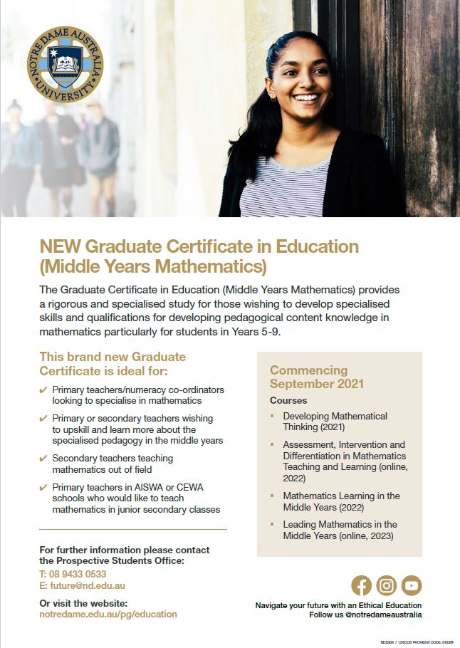Enrol now for our Grad Cert in Middle Years Maths @UNDAFreo . All courses are running online and all on Saturdays or during the holidays so that busy teachers can attend.