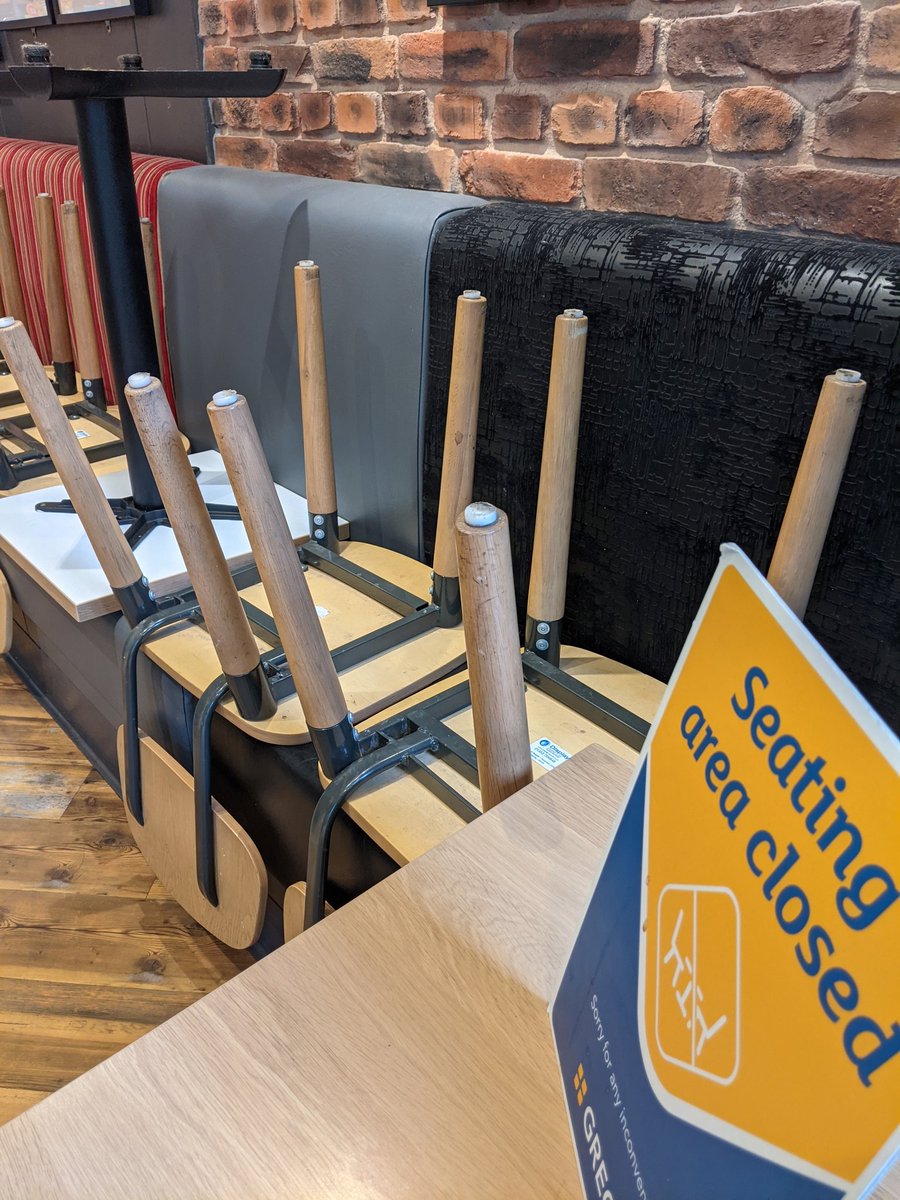 emmacarter78's tweet photo. @GreggsOfficial Not sure how difficult it is to rollout moving these chairs off the benches? Think staff are too busy preparing orders for just eat to have time to clean tables in between customers. #Halifax https://t.co/pQtqVA2b6F