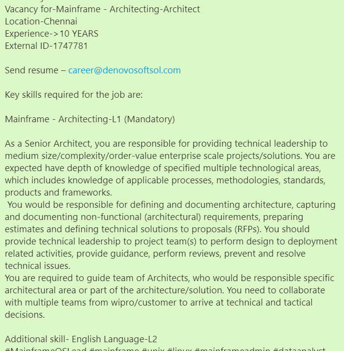 denovosoftsol's tweet photo. #denovojobs #denovo
Vacancy for-Mainframe - Architecting-Architect
Location-Chennai
Experience->10 YEARS
External ID-1747781

Send resume – career@denovosoftsol.com
#MainframeOSLead #mainframe #unix #linux #mainframeadmin #testengineer #operatingsystem #MainframeEngineering https://t.co/9DUNIB38HJ