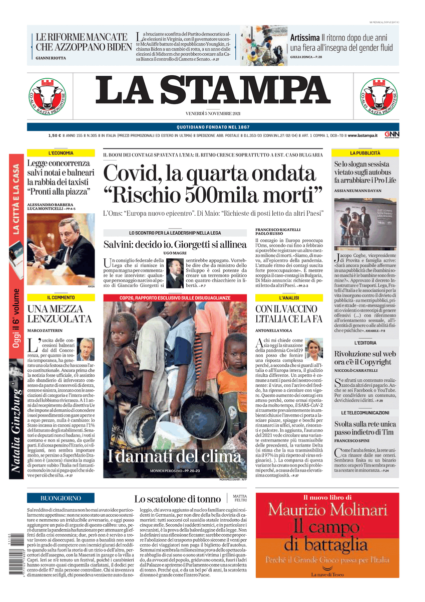 Buongiorno! Ecco la prima pagina di oggi, 05/11/2021. Gli aggiornamenti su lastampa.it