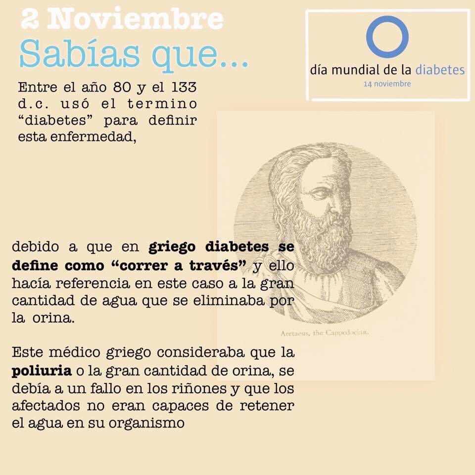 adicorc's tweet image. Areteo d Capadoccia usó “diabetes” para definir la enfermedad, en griego diabetes:“correr a través” Él consideró q la poliuria, se debía a fallo d riñones y q los afectados no eran capaces d retener el agua en organismo
#diabetes #noviembremesdeladiabetes #DiabetesAwarenessMonth
