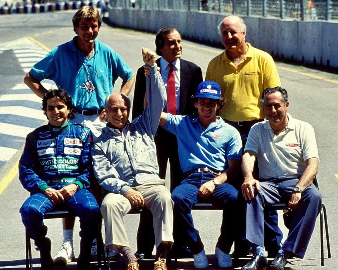 World Champions James Hunt, Sir Jackie Stewart, Denny Hulme, Nelson Piquet, Juan Manuel Fangio, Ayrton Senna, and Sir Jack Brabham, together as Adelaide hosted F1’s 500th Grand Prix. 
Australian GP, 2nd-4th November 1990.
#ayrtonsenna