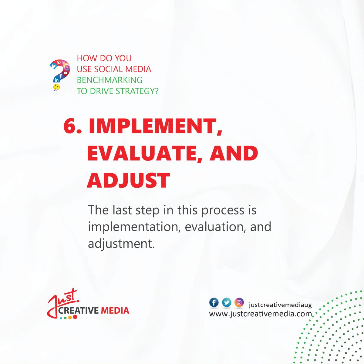JustCreativeUg's tweet photo. The last step in this process is implementation, evaluation, &amp;adjustment. Here’s where you put your insights into action. To get the most from your social media benchmarks you need to continuously evaluate and adjust your actionable insights.
#JustCreative #socialmediamarketing https://t.co/yNCjbPE8bn