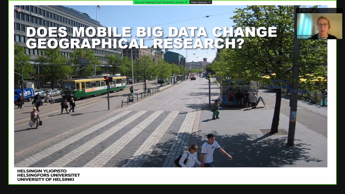 digigeolab's tweet photo. Now: @TuuliToivonen’s keynote ‘Does mobile #BigData change geographical research?’ at the MaantieteenPäivät/Annual Meeting of Finnish Geographers:  @GeoHelsinkiUni @HelsinkiUni @mp2021oulu #mp2021oulu https://t.co/iN7dfgHfgP