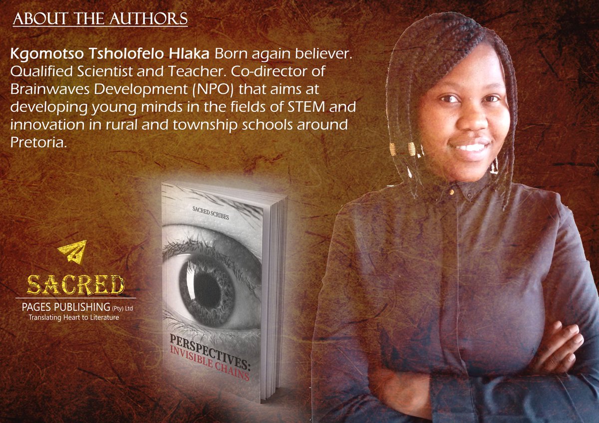 sacred_pages's tweet photo. Meet Kgomotso Tsholofelo Hlaka

PERSPECTIVES: INVISIBLE CHAINS | R200 | ✉️: info@sacredpages.co.za

Banking details: 
SACRED PAGES PUBLISHING
Bank FNB/RMB
Account number 62815931656
Branch code 250655
Reference: Full names, Perspectives

#InvisibleChains 📚 #SacredScribes ✍🏽 https://t.co/6MQyTYisb0