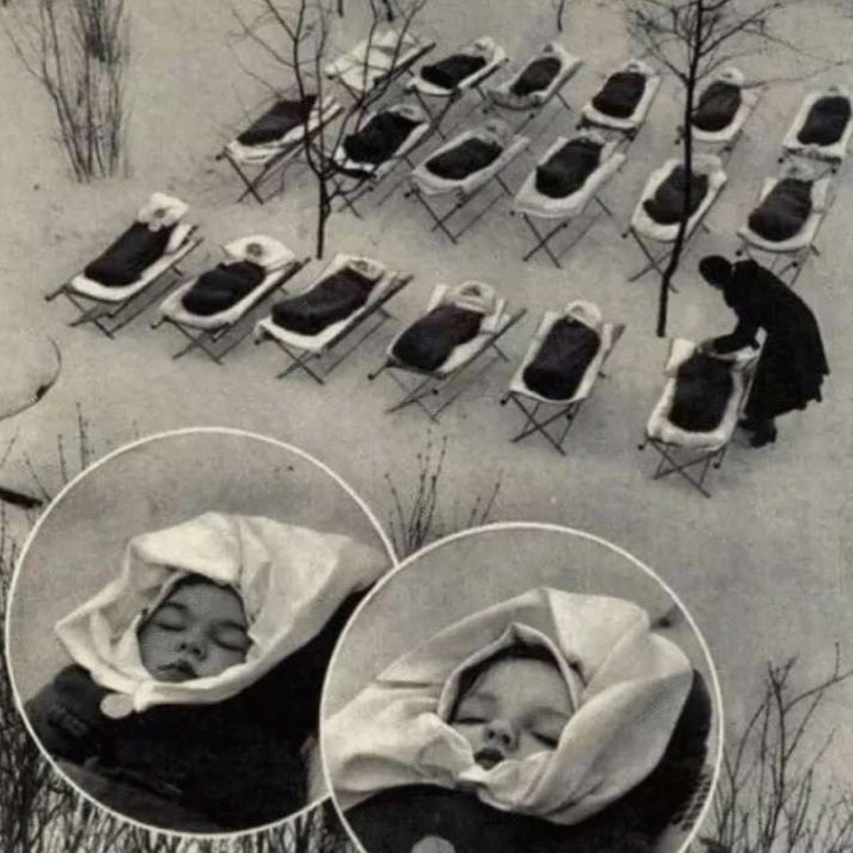 HistoryInPics's tweet photo. Babies left outside to enforce their immune sistem, Moscow, 1958. https://t.co/9ZwXp0Vio7