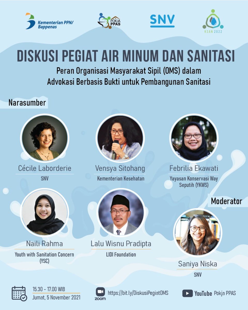 Diskusi pegiat air minum dan sanitasi kini hadir lagi dengan tema *"Peran Organisasi Masyarakat Sipil (OMS) dalam Advokasi Berbasis Bukti untuk Pembangunan Sanitasi"*  

 *Jumat, 5 November 2021* pukul *15.30 - 17.00 WIB* melalui:

Zoom: bit.ly/DiskusiPegiatO…