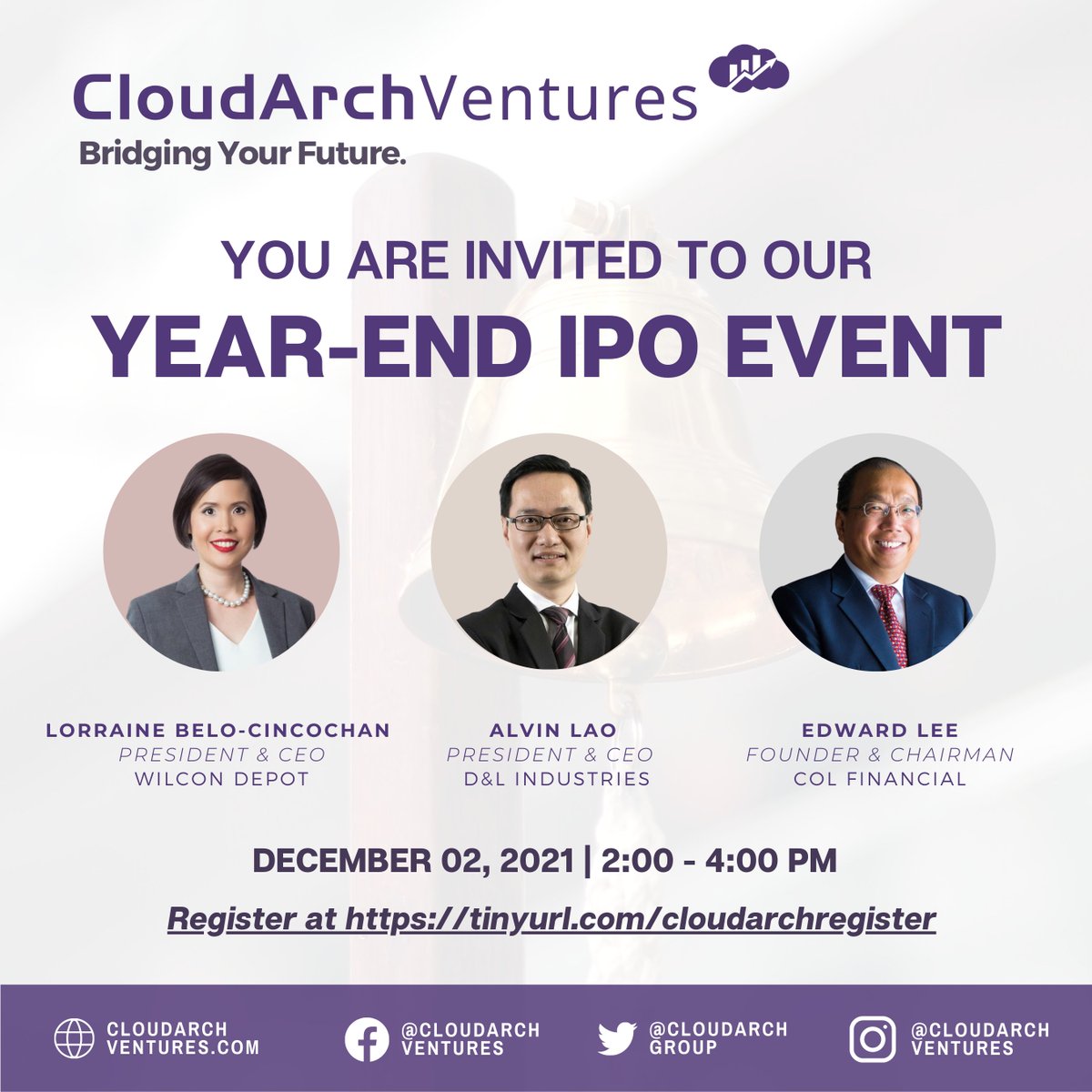 CloudarchGroup's tweet photo. IPOs have helped build empires and mint billionaires. Join in on the success stories of these distinguished speakers and get the chance to ask them about their own IPO journey. 

Register now at: https://t.co/uIAOFVEfiS https://t.co/XZhe9fmFgt
