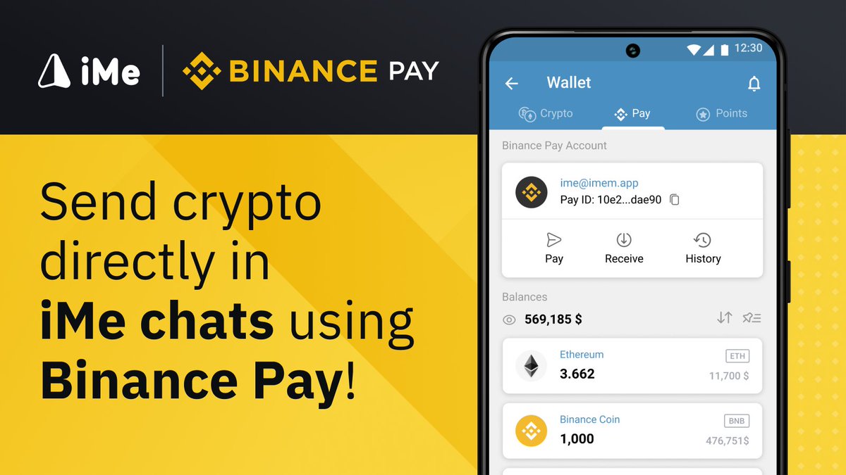 binance's tweet photo. You can now send crypto directly in chats on @ImePlatform with #Binance Pay! https://t.co/c2BkWoGOkT