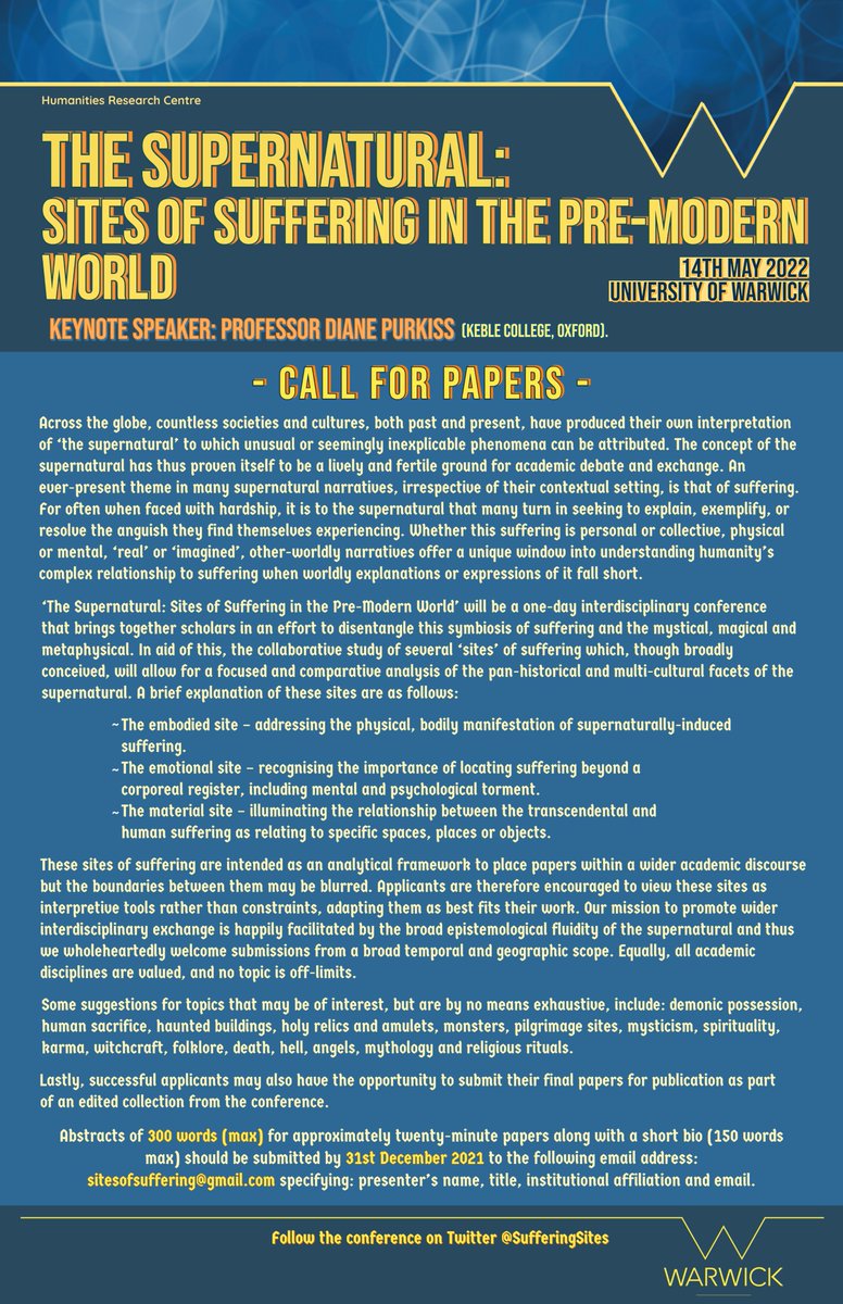 The Supernatural: Sites of Suffering (@sufferingsites) on Twitter photo ๐จ We are delighted to release the CALL FOR PAPERS for 'The Supernatural: Sites of Suffering in the Pre-Modern World'. Please send abstracts and any questions to sitesofsuffering@gmail.com by 31st December. We look forward to reading your submissions ๐จ We are delighted to release the CALL FOR PAPERS for 'The Supernatural: Sites of Suffering in the Pre-Modern World'. Please send abstracts and any questions to sitesofsuffering@gmail.com by 31st December. We look forward to reading your submissions