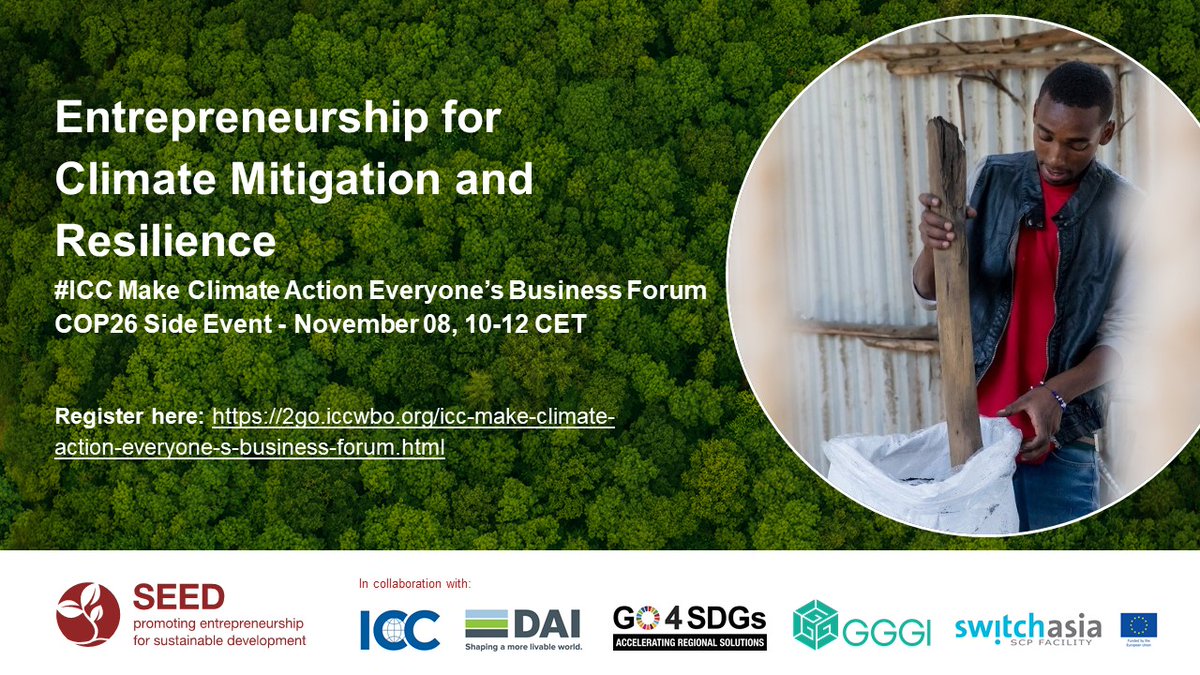 Join @SEED_SustDev, @gggi_hq, @DAIGlobal, #GO4SDGS, @switchasia and @iccwbo on why small local enterprises will deliver on net-zero ambitions through #circularity, #resilience and #sustainability & what we can do to help them! Nov 8, 10-12h CET.
Register: bit.ly/3iInGIn
