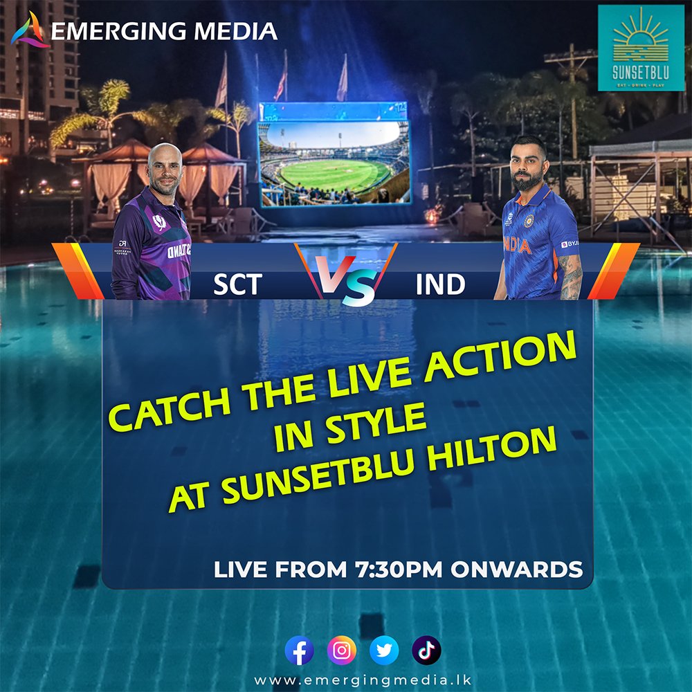 Catch the live action of Today's blockbuster at Sunsetblu. #T20WorldCup keeps getting better with the slots in Semi-Finals still on course. 
#EmergingMedialk #t20worldcup2021  #LiveScreen #SriLanka  #Colombo #SunsetBlu #Hilton
