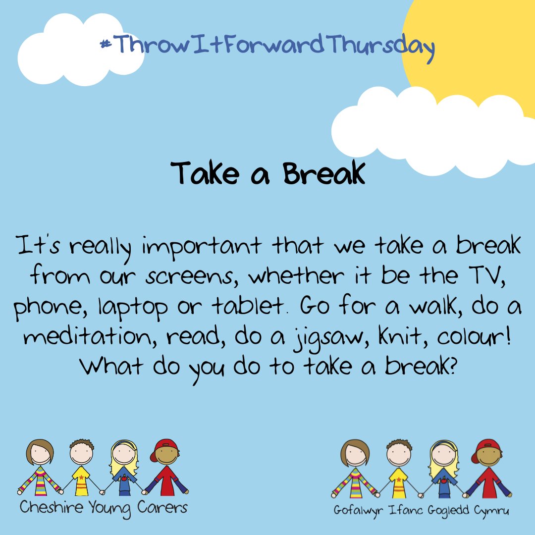 CYC_youngcarers's tweet photo. #throwitforwardthursday
Why not find five minutes to take a break from your busy schedule to do something you enjoy.
#charity #wellbeing #youngcarers https://t.co/x06Ouc3J5X