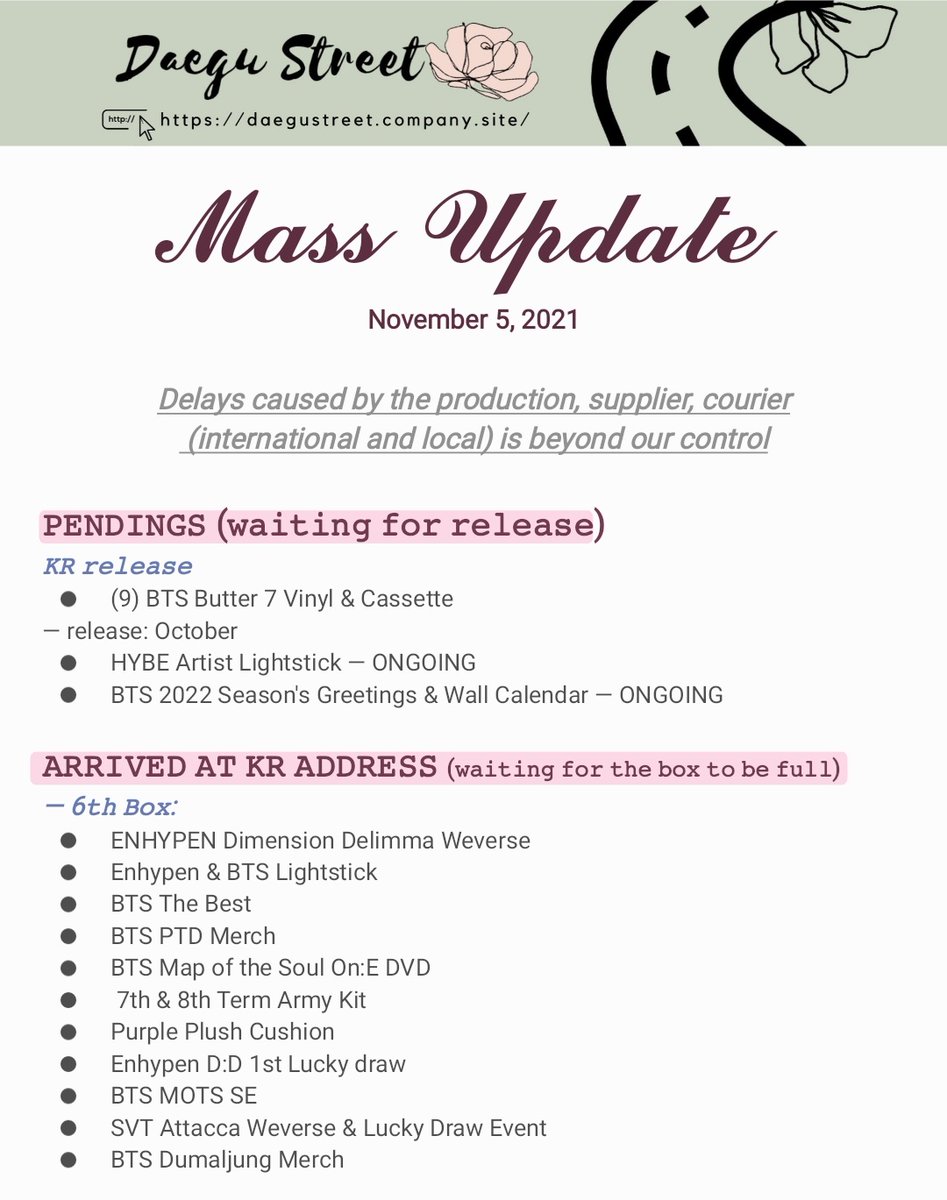 DAEGU_STREET's tweet photo. 📆 Status of all pending orders as of November 5, 2021

If we miss anything and if you have questions, please don't hesitate to message us. Thank you for your patience ~

 [ #DaeguStUpdate ] https://t.co/zWSd9k52g1