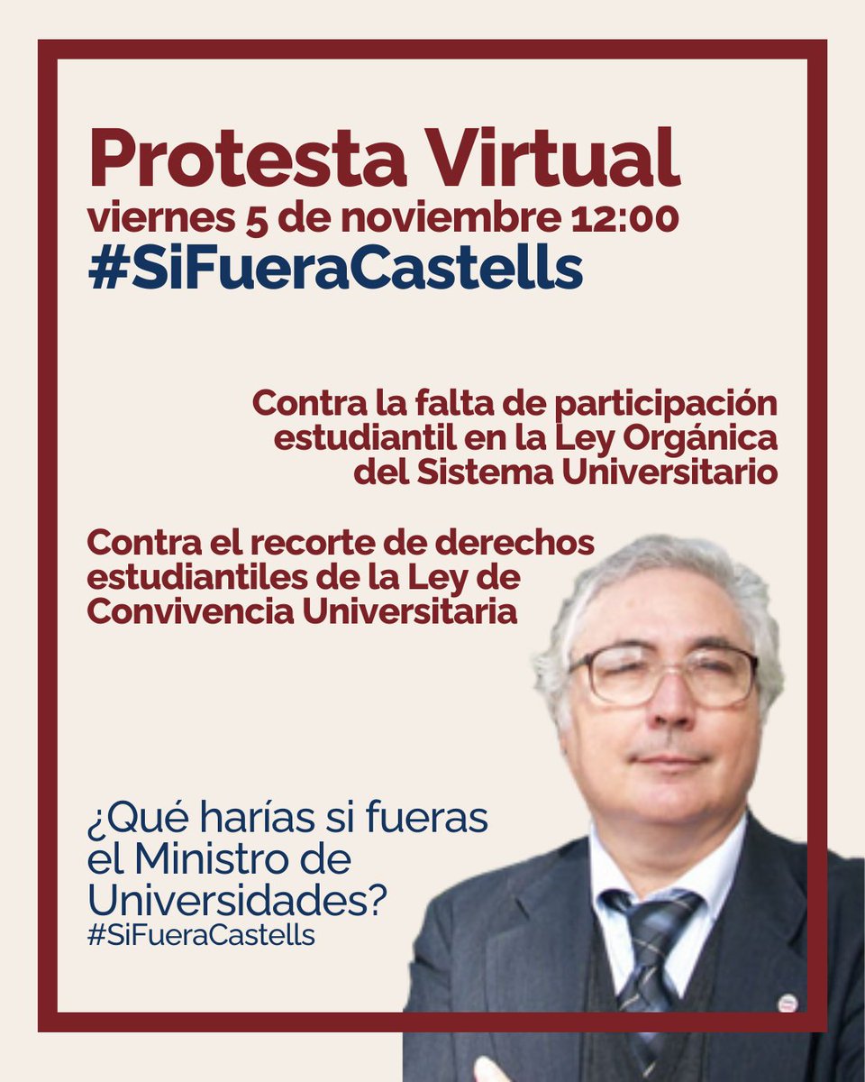 Contra la falta de participación estudiantil y contra el recorte de derechos del estudiantado. 

📲Hoy a las 12h lanzamos el HT #SiFueraCastells para reivindicar nuestra voz como estudiantado universitario. 

🔸Y tú, ¿qué harías si fueras el Ministro de Universidades?