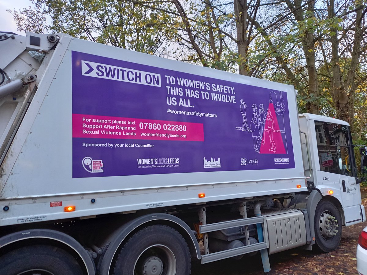 So proud to be part of @womenfriendlyls They've only gone and got the campaign poster slapped on Leeds City Council bin lorries ♥️
Please RT. You never know who might need the number.

 @LeedsCC_News @PeopleofLeeds 
#womenssafetymatters